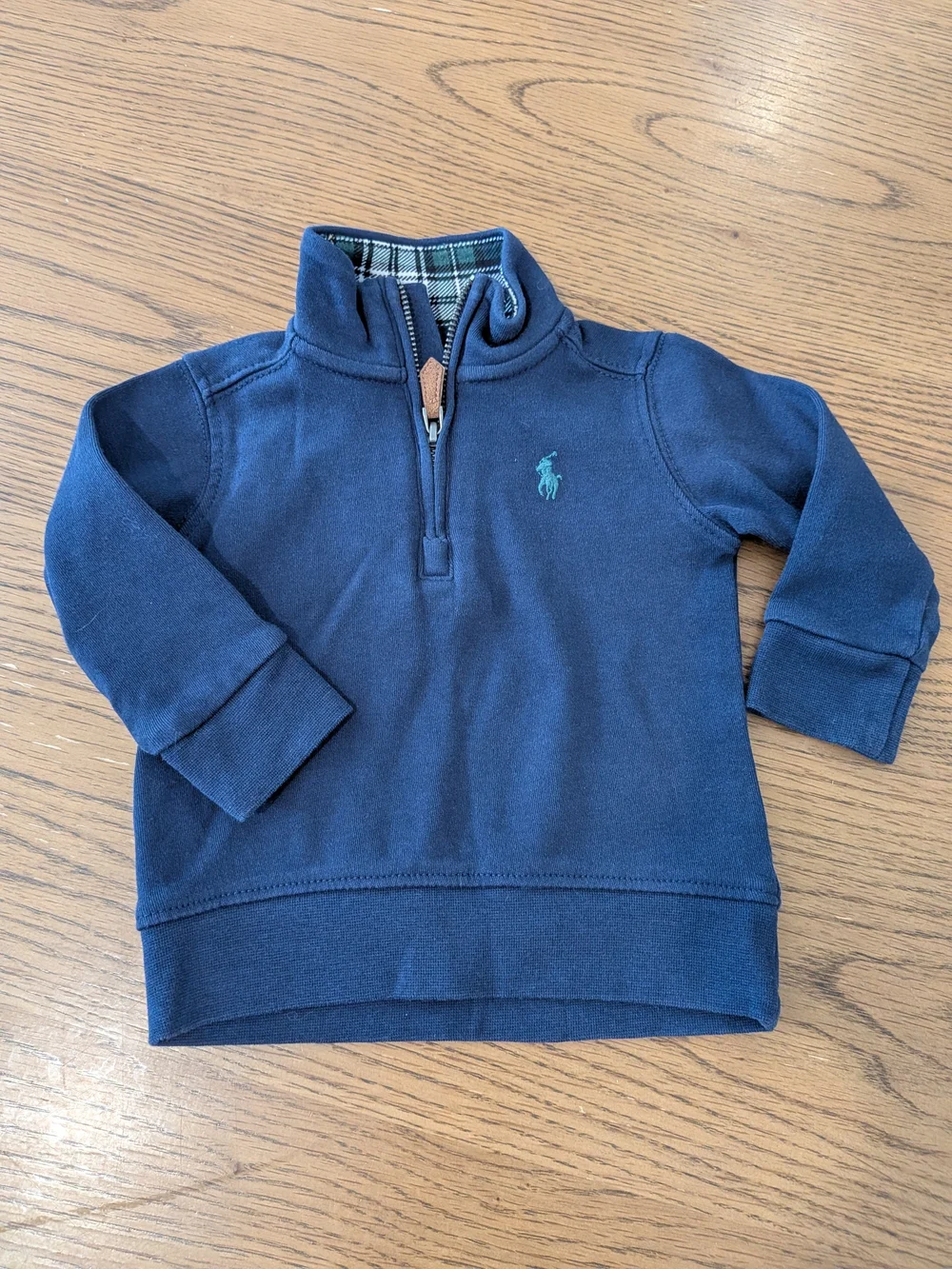 Ralph Lauren Navy Blue Quarter-Zip HlPullover with Plaid Trim, Sz. 6 Months